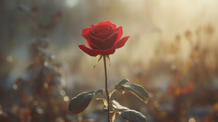 Aufkleber - Close up of a vibrant red rose illuminated by soft morning light ideal for romantic themes and decorative text space in floral designs
