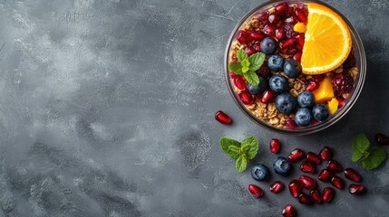 Poster - Vibrant homemade vegan granola topped with fresh blueberries, orange slices, and pomegranate seeds in a jar on textured gray background