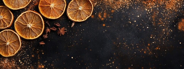 Poster - Dried orange slices and organic spices on a dark background with blank space for text suitable for culinary or holiday themes