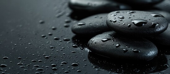 Poster - Black pebble stones with water droplets on dark reflective surface creating a tranquil spa ambiance with ample space for text insertion