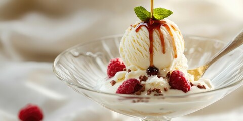 Aufkleber - Elegant dessert presentation featuring vanilla ice cream garnished with syrup and fresh raspberries on a soft textured background