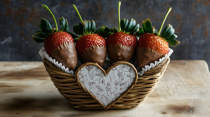 Wall Mural - A rustic setup of chocolate-dipped strawberries styled in a heart-shaped basket with decorative paper