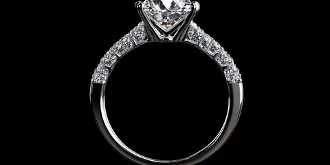 Poster - Elegant diamond engagement ring featuring a band with stones against a black background ideal for text placement or promotional use
