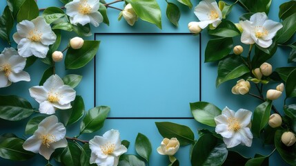 Aufkleber - Geometric frame with fresh exotic flowers on light blue background creating an elegant Art Deco style mockup for text and design elements