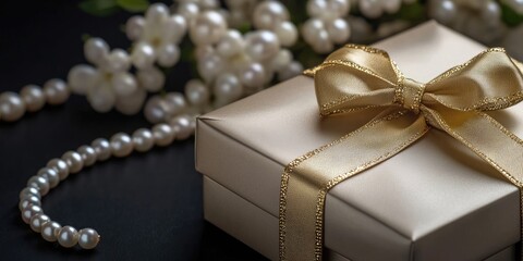 Aufkleber - Elegant gift box with gold ribbon and pearl bracelets on a dark surface with floral accents and copy space for personalized text.