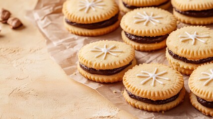 Aufkleber - Festive chocolate and vanilla cookies with lemon filling arranged on decorative paper against a vibrant background for text placement.