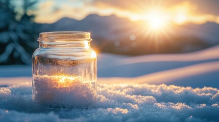 Poster - Glass jar filled with snow illuminated by sunlight in a snowy landscape with empty space for text and serene mountain backdrop