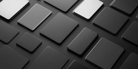 Aufkleber - Sophisticated flatlay arrangement of various stacked UI mockup cards on a dark background with space for text placement and design creativity.