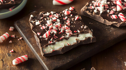 Wall Mural - A rustic setup of handmade chocolate bark with layers of white and dark chocolate, topped with crushed candy canes