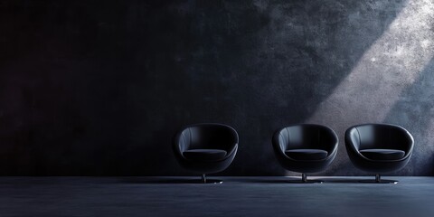 Poster - Elegant dark reception area with modern chairs and ample negative space for customization and text placement.