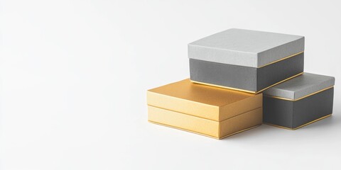 Poster - Elegant Gift Boxes in Gold and Grey on Neutral Background with Copy Space for Personal Messages and Branding Opportunities