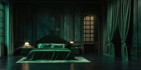 Aufkleber - Elegant Dark Green Loft Bedroom Interior Design with Text Space for Advertising or Marketing Use
