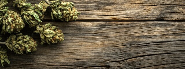 Fototapete - Dried cannabis buds arranged on rustic wood with ample empty space for text or branding in a natural setting design.
