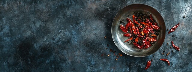 Poster - Dried chili peppers in a metal bowl with scattered seeds and empty space for text on a textured dark background