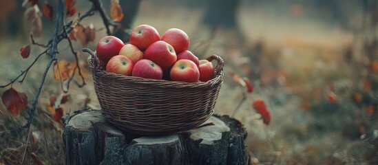 Poster - Basket of red ripe apples on tree stump in autumn orchard with warm colors and empty space for seasonal text or advertising