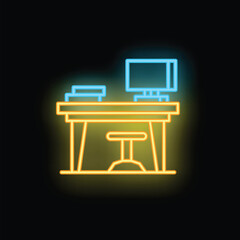 Poster - Neon sign representing an office desk with a computer on it, ideal for projects related to office work, business and technology