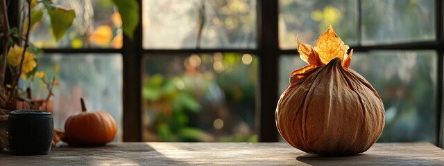 Poster - Dried decorative pumpkin with autumn leaves on a rustic table and blurred garden window background for seasonal text display