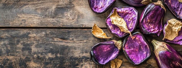 Poster - Dried eggplant slices arranged on rustic wooden surface with blank space for seasonal culinary or preservation text and illustrations