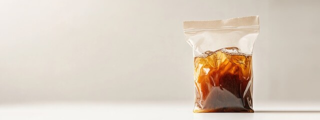 Poster - Drip Bag Coffee packaging with brewed beverage showcasing modern design and ample empty space for promotional text or branding
