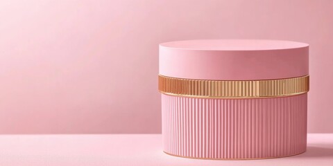 Poster - Elegant Pink Cosmetics Container on Minimalist Backdrop with Blank Space for Text and Branding Opportunities in Beauty Marketing