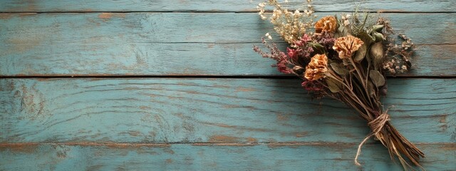 Leinwandbilder - Dried flower bouquet on weathered green wood background with ample space for text and design accents