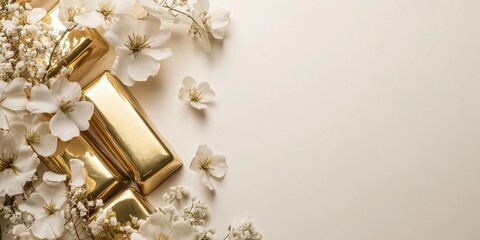 Aufkleber - Floral Arrangement with Antique Gold Bars and Empty Space for Text in Elegant Setup