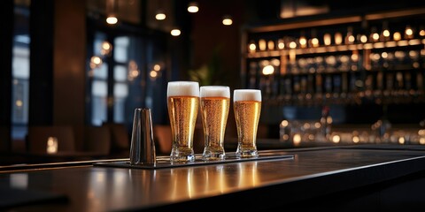 Poster - Freshly poured beers on a bar counter at night with a blurred pub interior creating an inviting atmosphere and space for custom text.
