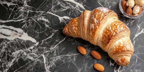 Poster - Elegant almond croissant on dark marble background with almonds and empty text space for bakery or gourmet food promotions