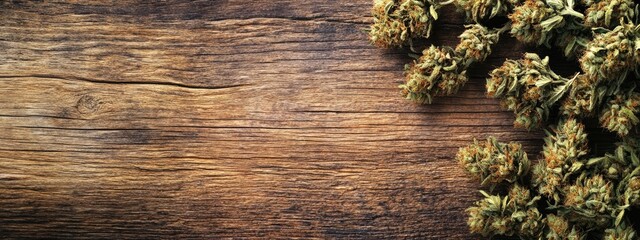Fototapete - Rustic wooden background with dried cannabis buds arranged in colas providing ample empty space for text or design elements.