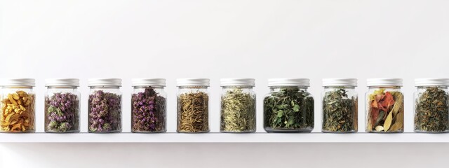 Poster - Dried medicinal herbs stored in clear jars on a shelf with a clean white background and ample empty space for customizable text or graphics