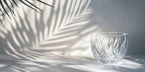 Fototapete - Crystal Glass with Soft Tropical Leaf Shadows and Copy Space for Creative Text or Product Promotion