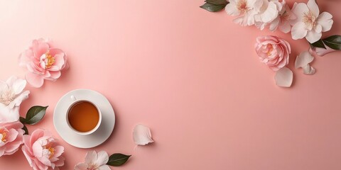 Fototapete - Elegant floral arrangement with tea cup on pink background creating a serene atmosphere and empty space for text or design elements