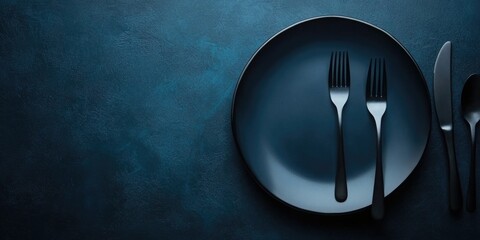 Poster - Elegant Dining Table Arrangement with Dark Plate and Cutlery against Dramatic Background Ideal for Text Overlay or Branding