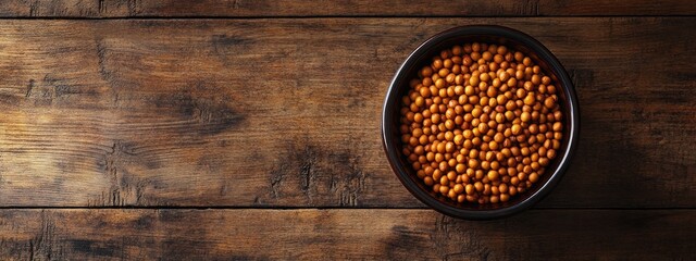Poster - Dried brown peas in a rustic bowl on a wooden table with ample empty space for text or design elements