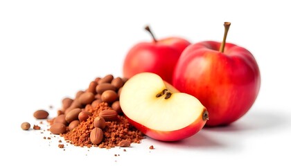 Wall Mural - Close up of two red apples one whole one halved with nuts and cocoa powder