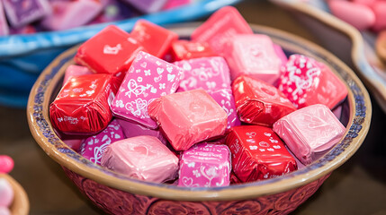 Wall Mural - A vibrant display of Valentine-themed candy bars in pink and red wrappers, styled in a decorative bowl