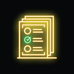 Poster - Glowing neon icon of a clipboard with a check mark indicating completed tasks, perfect for projects related to productivity and task management