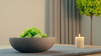 Wall Mural - Fresh green salad in a modern bowl with candle and indoor plant decor