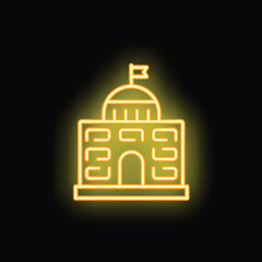 Poster - Bright yellow neon sign of a majestic building, possibly a courthouse or government building, with a flag on its top