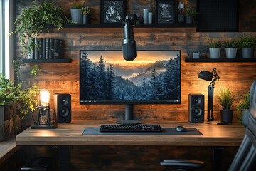Poster - Rustic home office setup with a large monitor displaying a scenic landscape flanked by speakers and a microphone
