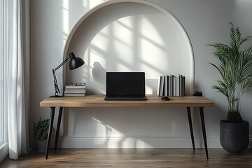 Poster - Minimalist workspace with a laptop books and a desk lamp Sunlight streams through a window creating a bright and productive atmosphere