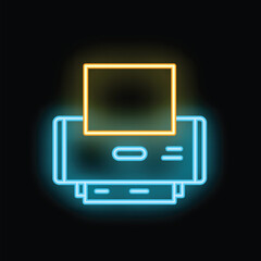 Poster - Glowing neon line printer icon isolated on black background, vector illustration