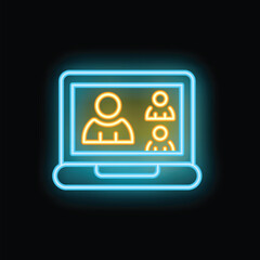 Poster - Neon icon representing people having a video conference using a laptop, perfect for topics like online meeting and remote work