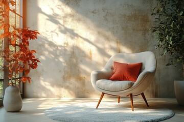 Poster - Sunlight streams into a room illuminating a comfortable armchair with an orange pillow placed on a fluffy rug Autumn leaves add a touch of seasonality