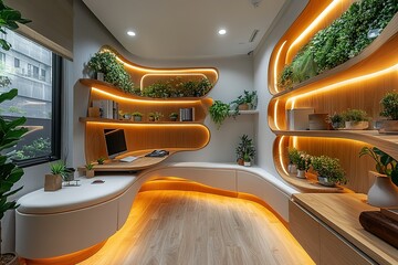 Poster - Modern minimalist home office with curved wooden shelving integrated lighting and abundant greenery