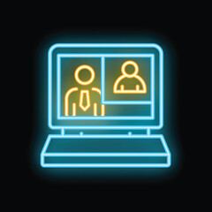 Poster - Neon style icon of a laptop screen showing a video conference taking place between colleagues