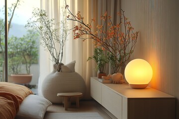 Poster - Warm evening light illuminates a serene bedroom setting featuring plants and a minimalist lamp
