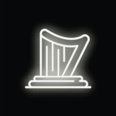 Poster - White neon sign depicting a harp standing on a podium, glowing on a black background