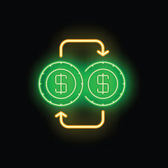 Poster - Neon sign illustrating the concept of currency exchange with two dollar coins and arrows forming a cycle
