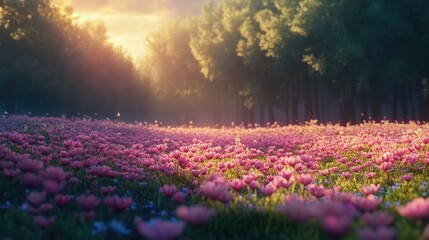 Wall Mural - Pink flower field with trees